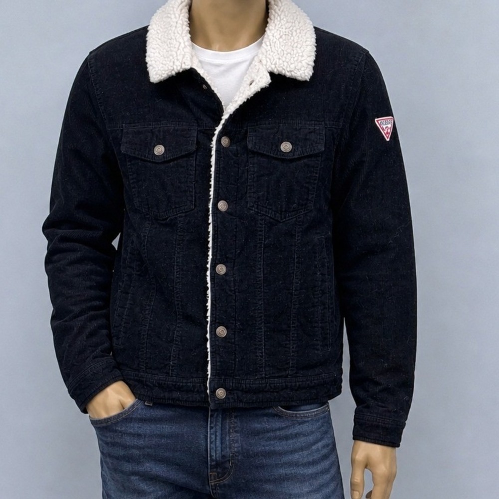 Guess Mens Trucker Jacket Black Corduroy Sherpa Collar M